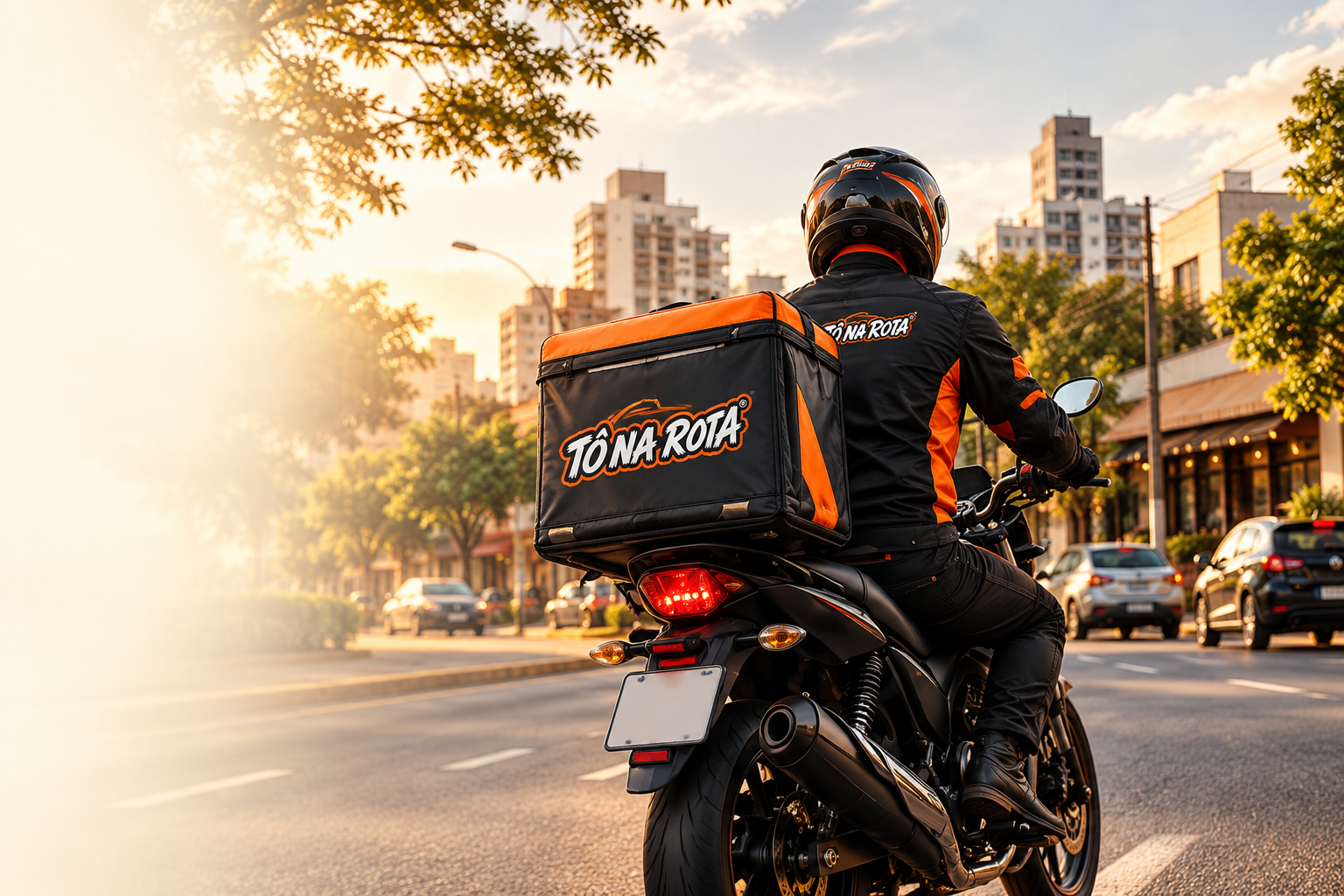 Ilustração de motociclista com bag Tô Na Rota em cenário urbano